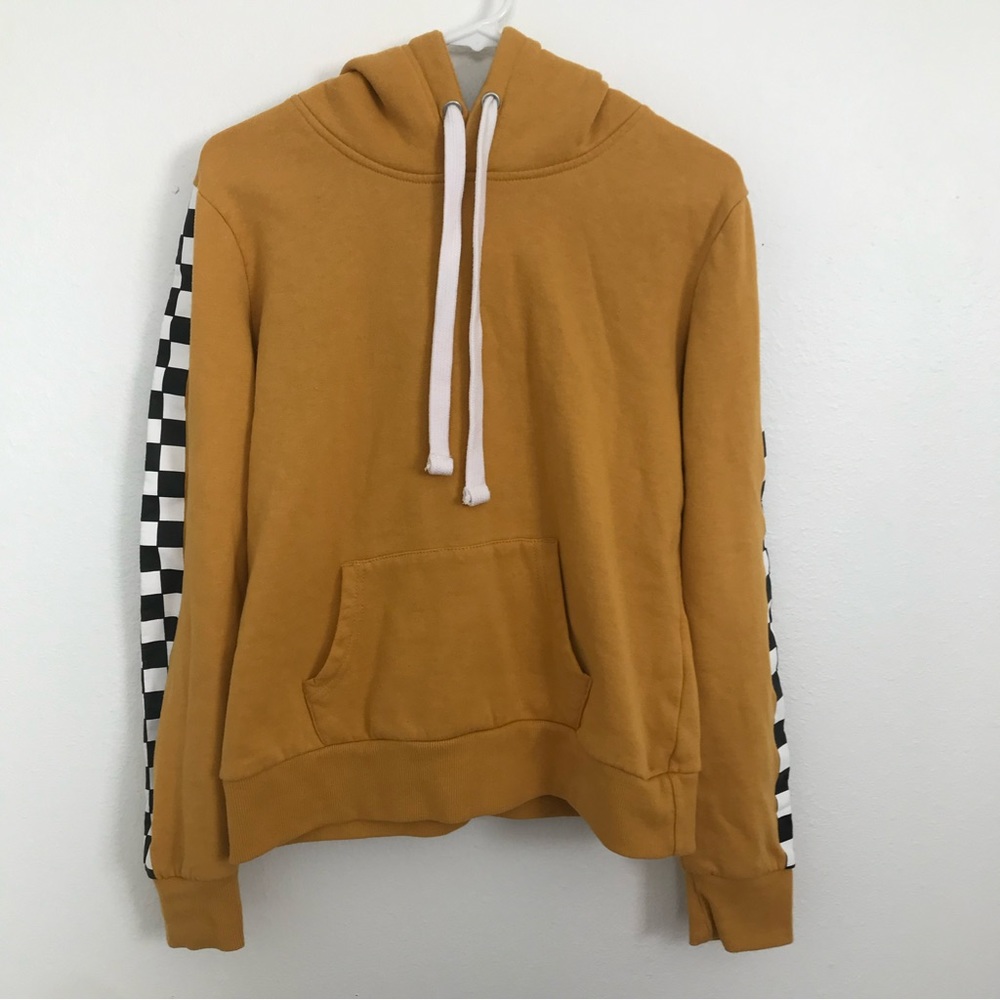 Mustard Yellow Reflex Hoodie with Checkered Print Sleeves